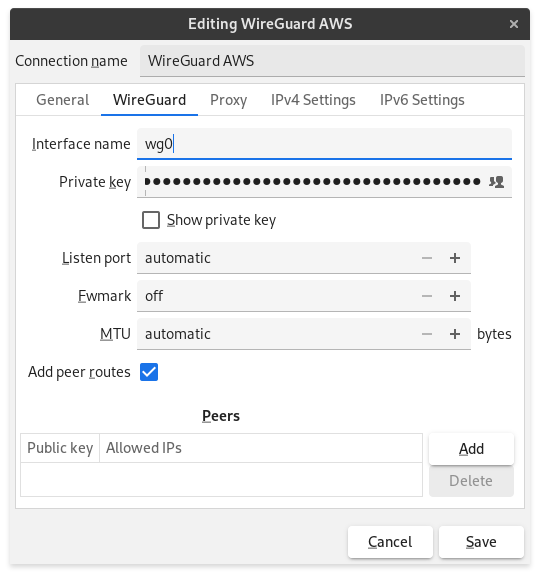WireGuard properties page